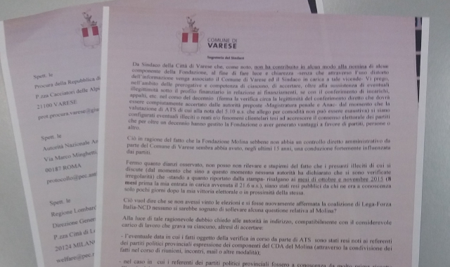 Una copia della lettera inviata dal sindaco a Procura, Anac, Regione e Ats dell’Insubria