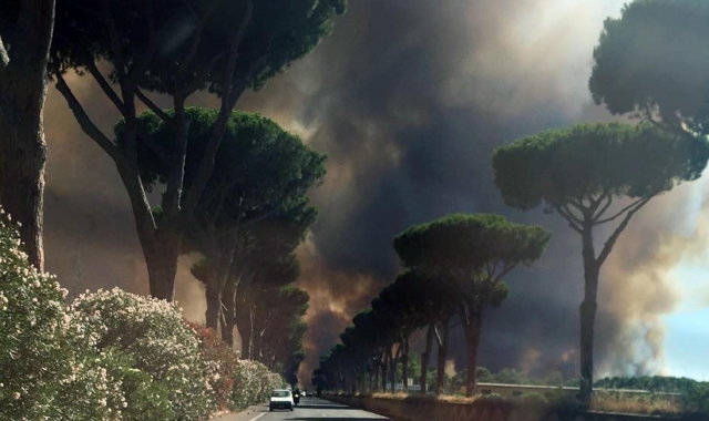 Il devastante incendio divampato nella pineta di Castelfusano, a sud di Roma