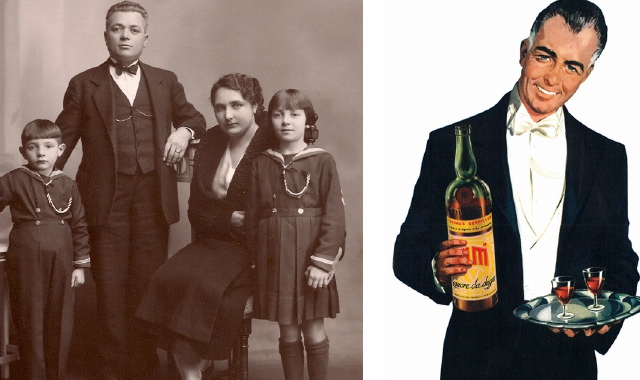 Nelle immagini d’epoca Vittorio Colombo con la famiglia e una pubblicità del Tim