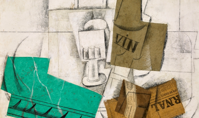 Di Picasso: «Bicchiere, bottiglia di vino, pacchetto di tabacco, giornale» (1914); «Testa femminile» (1962) in lamiera e filo di ferro; in basso, «La capra» (1950)