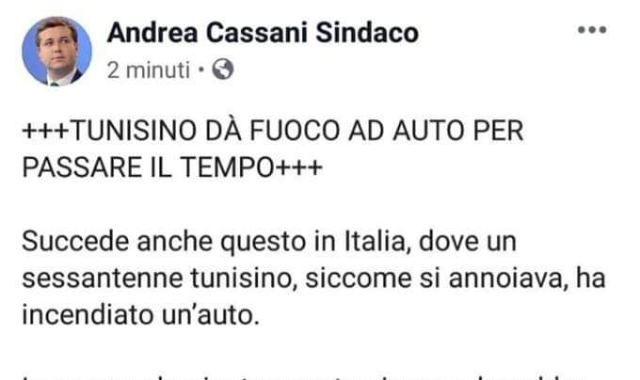 Il post di Andrea Cassani che ha scatenato le polemiche