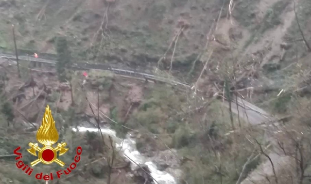 Una strada che porta a Vararo «coperta» di alberi caduti (foto Vigili del fuoco)
