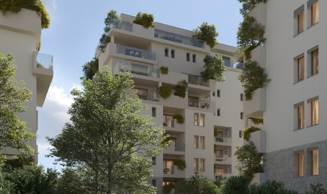 Un rendering dei futuri palazzi “Luci nel Bosco” di Busto Arsizio