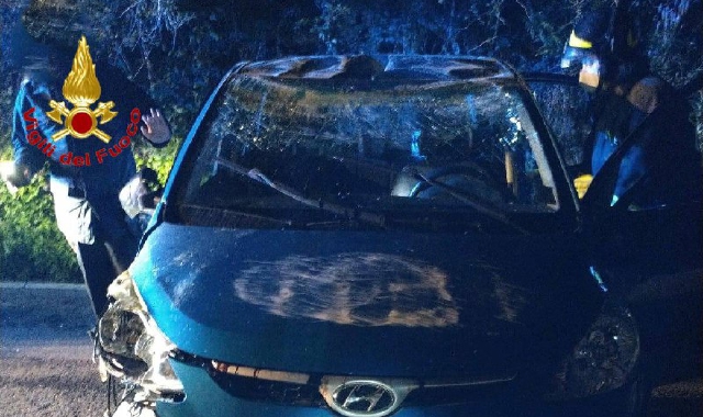 L’auto della diciottenne di Lavena Ponte Tresa danneggiata dopo il ribaltamento (Foto Vdf)
