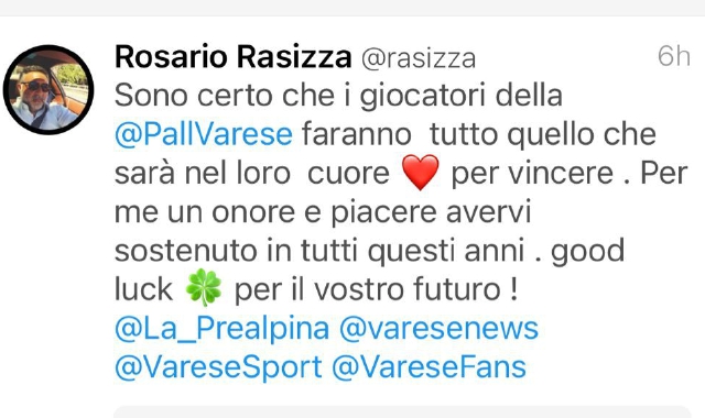 Il tweet di Rosario Rasizza (twitter)