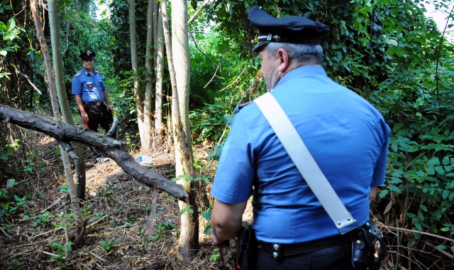 I carabinieri settacciano un bosco alla ricerca di spacciatori (foto Archivio)