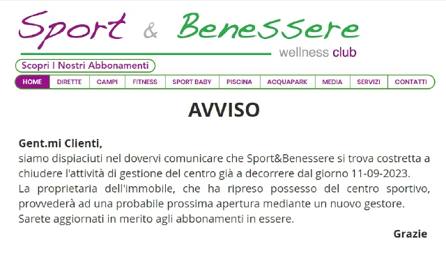 Avviso pubblicato sul sito Internet di “Sport & Benessere”