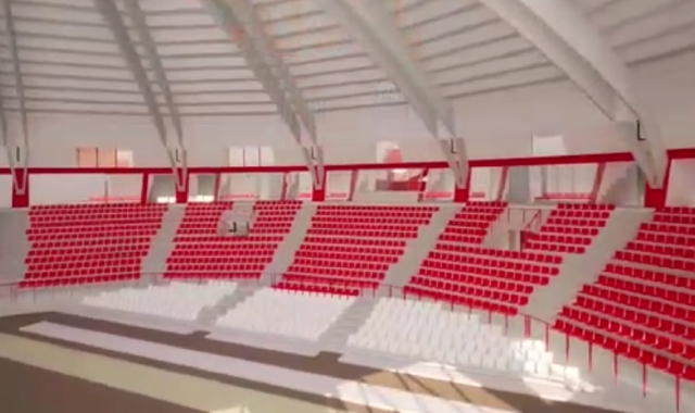 A lato, il rendering di parte dell’interno del palasport varesino una volta che saranno terminati i lavori. Sotto, la biglietteria: al momento la presenza del cantiere non ha costretto a ridurre la capienza dell’impianto. In basso una veduta d’insieme del