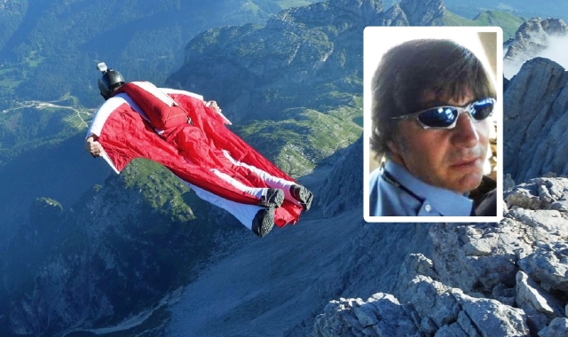 Il volo con tuta alare e nel riquadro Alessandro Fiorito