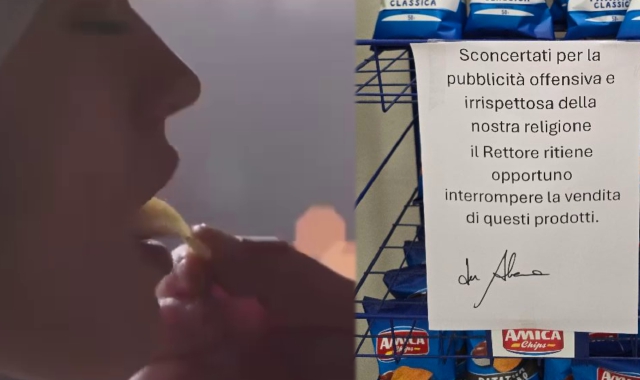 Il fotogramma censurato dello spot e l’espositore al collegio Rotondi di Gorla Minore