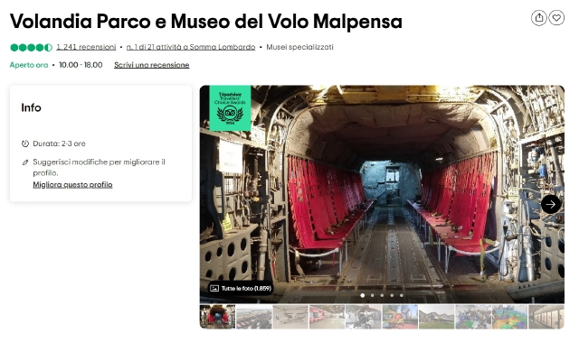 La pagina di Volandia su Tripadvisor con il riconoscimento