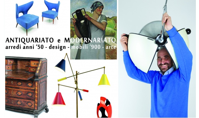 Herat De Nicola, titolare di Modernariato De Nicola, con un lampadario vintage anni '70, accanto a un collage di arredi e oggetti che raccontano l'eclettismo della sua galleriatendenze e criteri di valutazione 2