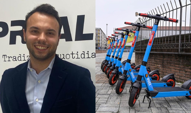 Stefano Angei e i monopattini in centro a Varese