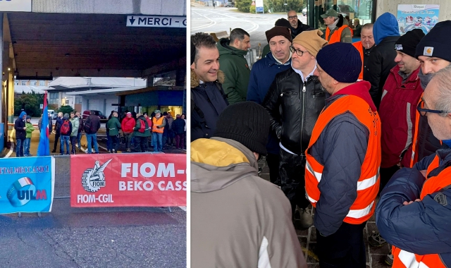 Presidio questa mattina davanti allo stabilimento Beko Europe di Cassinetta (foto Benvegnù, Blitz)