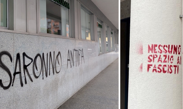 Le scritte e i manifestini comparsi in centro a Saronno (foto Blitz)