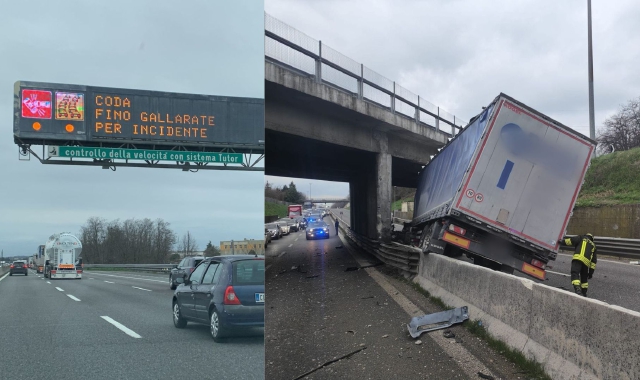 Tir contro il guardrail, traffico in tilt sulla 336 e in Autolaghi