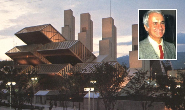 Il padiglione Italia a Osaka ‘70 e, nel riquadro, l’architetto varesino Sergio Brusa Pasquè