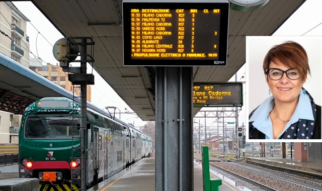 Treni alla stazione di Saronno e nel riquadro la candidata sindaco Ilaria Pagani