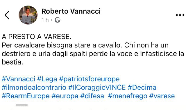 Il post di Roberto Vannacci con l’articolo di Prealpina