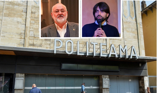 Il Politeama e nei riquadri i consiglieri Sergio Ghiringhelli e Leslie Mulas