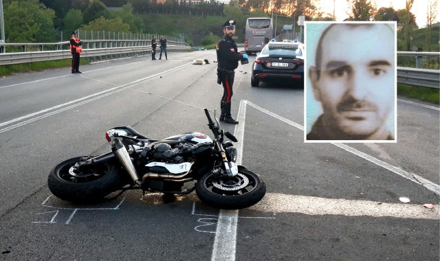 I rilievi dei carabinieri sul luogo dell’incidente e, nel riquadro, la vittima