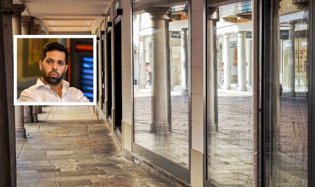 Vetrine in corso Matteotti, centro storico di Varese, e nel riquadro Stefano Clerici