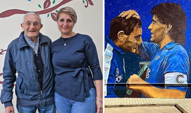 Il murales del bacio. In basso Carmando con Paolelli, con il Papa e durante l’intervista (foto Blitz)