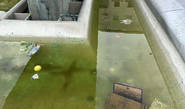 Fontana spenta e rifiuti galleggianti in piazza Monte Grappa