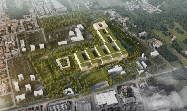Il primo rendering del progetto del nuovo ospedale della grande Malpensa, l’importanza del verde è evidente 