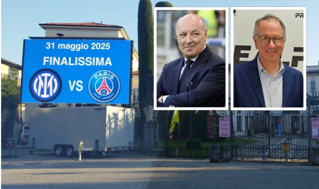 Il maxischermo a Villa Recalcati e nei riquadri il presidente dell’Inter, Beppe Marotta, e il direttore della Prealpina, Silvestro Pascarella, che lo intervisterà con collegamento da Monaco