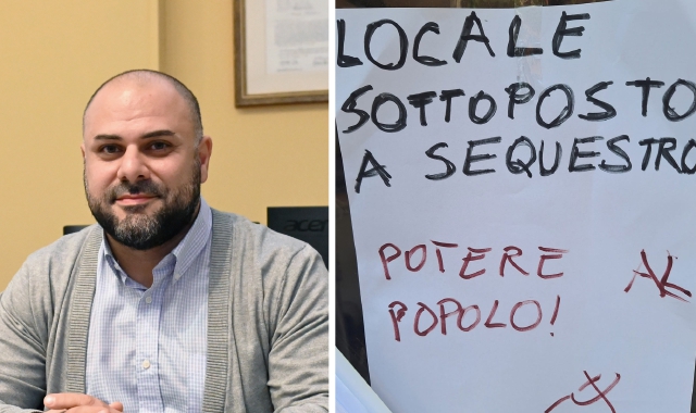 A sinistra l’assessore Matteo Sabba, a destra uno dei volantini sul chiosco del parco Comerio