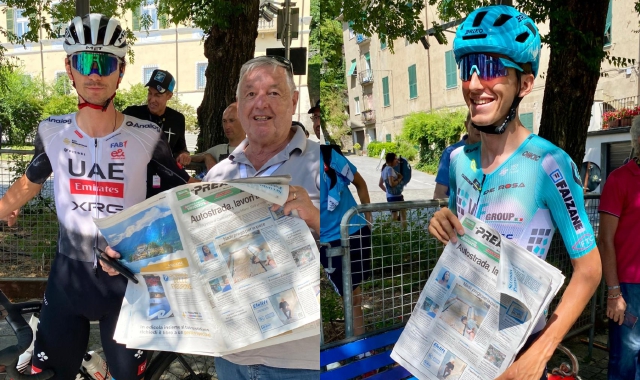 Alessandro Covi con Sergio Gianoli e Filippo Turconi, con La Prealpina di oggi, alla partenza ad Arquata Scrivia