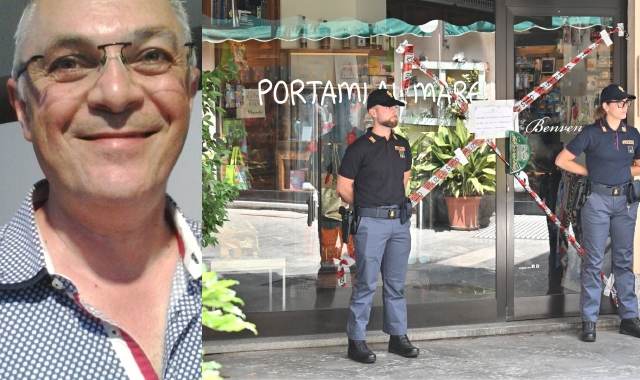 La polizia di Stato sta ancora svolgendo sopralluoghi nel negozio di Davide Gorla (fotoservizio Blitz)