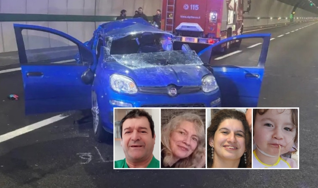L’auto su cui viaggiava la famiglia. Nei riquadri, da sinistra: Mauro Visconti, Nydia Zoila Albuquerque Basulto, Carla Stephany Visconti e la piccola Summer