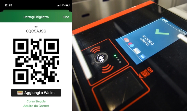 Un biglietto digitale di Trenord e un tornello della metropolitana di Milano