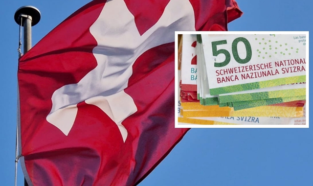 La bandiera elvetica e nel riquadro banconote di franchi svizzeri