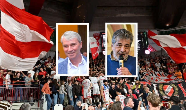 Il tifo al palazzetto e nei riquadri il sindaco Galimberti e l’assessore Malerba