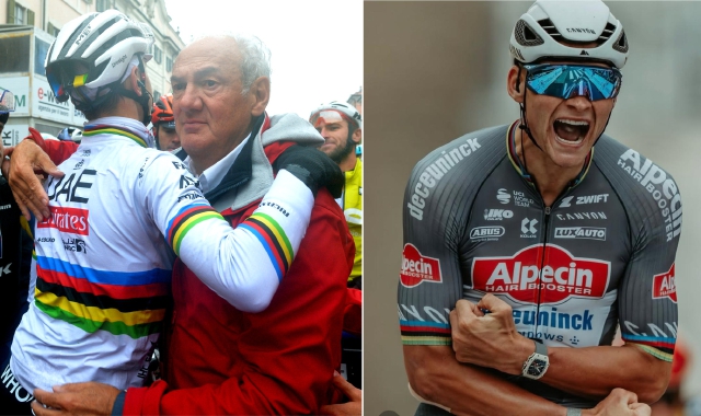 L’abbraccio tra Tadej Pogacar e Renzo Oldani dopo la decisione di annullare la Tre Valli 2024. A destra, il fuoriclasse olandese Mathieu Van der Poel