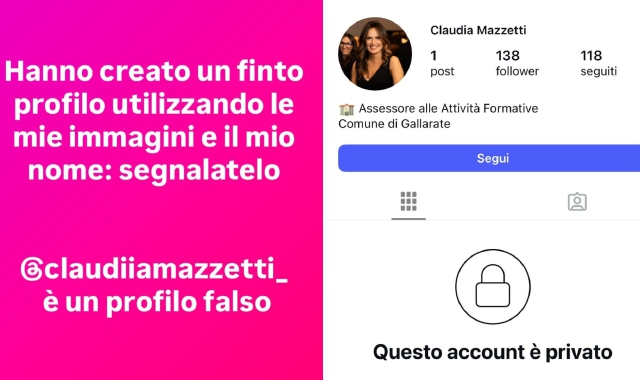 La storia con l’avviso pubblicata dall’assessore Mazzetti. A destra, la schermata con il profilo falso