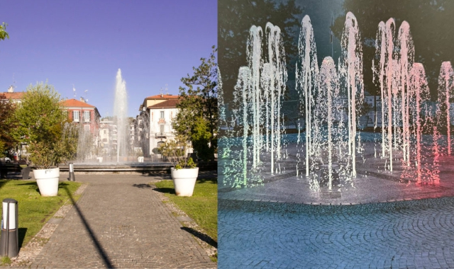 A sinistra la fontana che dovrebbe essere demolita e a destra il progetto della fontana a zampillo a raso