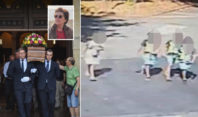 L’uscita del feretro di Cecilia De Astis (nel riquadro) dalla chiesa di San Barnaba e i ragazzini ripresi dalle telecamere