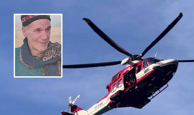 L’elicottero “Drago” dei vigili del fuoco di Malpensa. Nel riquadro, il turista disperso