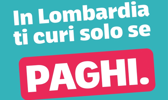 Uno degli adesivi del Pd sul tema della sanità lombarda