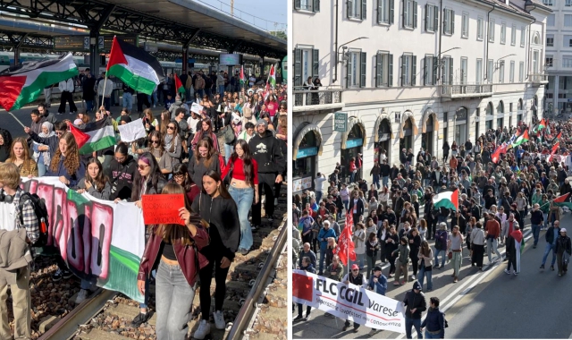 La stazione di Saronno occupata (foto Ghiotto) e la manifestazione a Varese (foto Benvegnù)