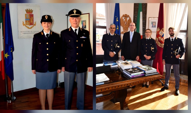 L’agente Francesca Peloso col padre, l’ispettore Richard Peloso, e i nuovi ispettori destinati alla Questura di Varese