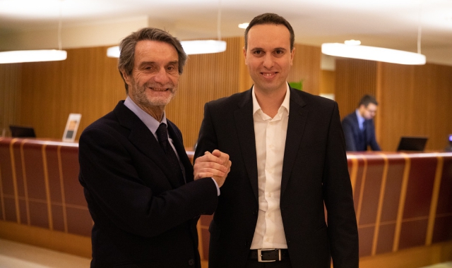 Il governatore Attilio Fontana e il segretario di Lombardia Ideale, Giacomo Cosentino, entrambi al congresso di Brescia