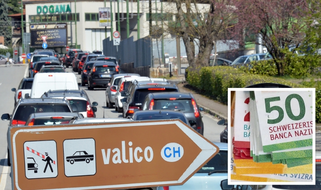 Il valico del Gaggiolo e nel riquadro le banconote elvetiche