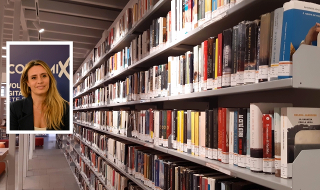 L’interno di una biblioteca nel Varesotto e nel riquadro l’assessore regionale Francesca Caruso