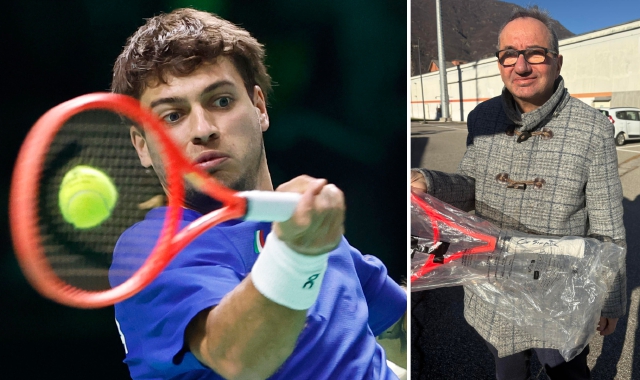 Flavio Cobolli a Bologna durante la finale della Coppa Davis (foto Serena Campanini/ANSA) e, a destra, Marco Ubbiali con la racchetta arrivata a Omegna