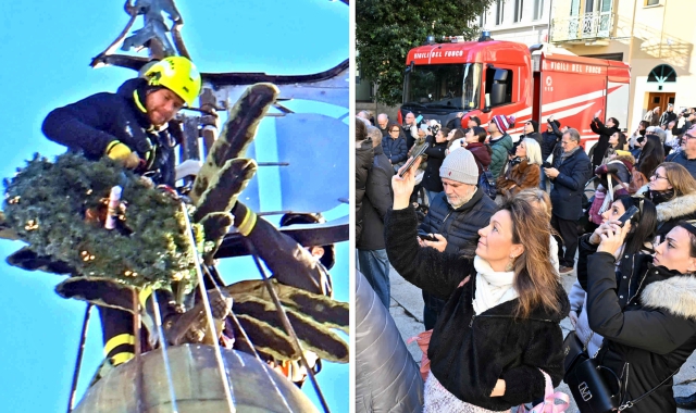 Questa mattina la posa della corona dell’Immacolata in cima al campanile del Bernascone (foto Puricelli)